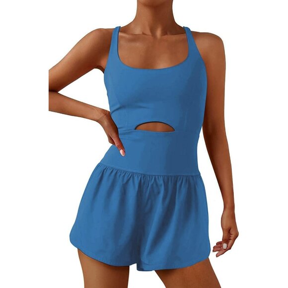 Women Blue One Piece Fitted Onesie Overalls Workout Athletic Rompers Jumpsuits